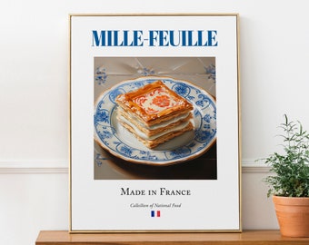 Mille-Feuille on Maiolica tile plate, Traditional French Food Wall Art Print Poster, Kitchen and Café Decor, Foodie Gift