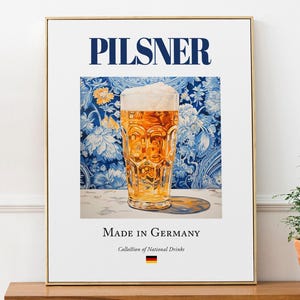 Pilsner on Maiolica Tile, Traditional German Beverage (Drink) Print Poster, Kitchen and Bar Wall Art