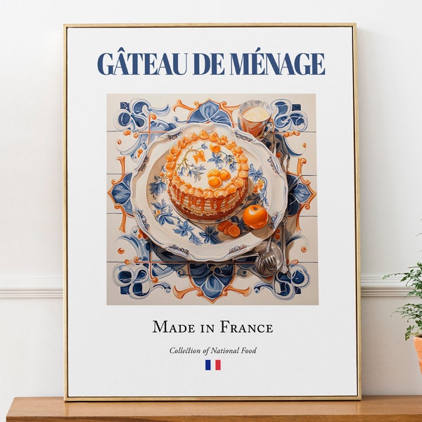 Gâteau de Ménage on Maiolica tile plate, Traditional French Food Wall Art Print Poster, Kitchen and Café Decor, Food Lover Gift