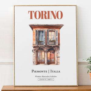 Torino (Piemonte, Italia) Reisedruck Poster, traditionelle Fenster Aquarell Illustration Wandkunst, Italien Liebhaber Geschenk