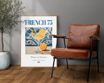 French 75 Cocktail Print, Traditional Drink Poster, Kitchen Bar Wall Art