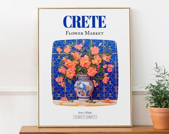 Mercado de flores de Creta (Kriti, Elláda), ramo de buganvillas en jarrón de mayólica, póster impreso artístico para pared
