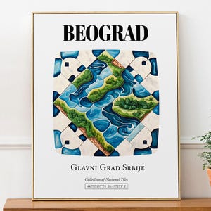 Belgrad (Beograd), Serbia, Tile Pattern with Danube River Aerial View Aesthetic Wall Art Print Poster