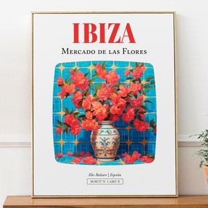Ibiza (Illes Balears, España) Mercado de las Flores, ramo de buganvillas en jarrón de mayólica, póster impreso sobre pared