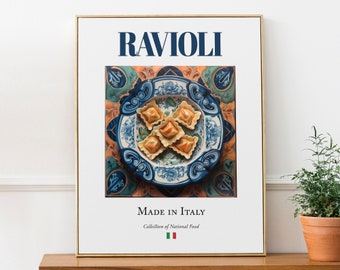 Ravioli on Maiolica tile plate, Traditional Italian Food Wall Art Print Poster Foodie Gift Kitchen Wall Art