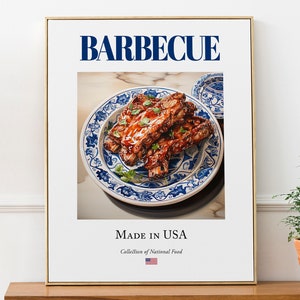 Barbecue on Maiolica tile plate, Traditional American Food Wall Art Print Poster, Kitchen and Café Decor, Food Lover Gift image 1