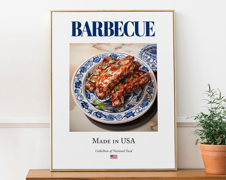 Barbecue on Maiolica tile plate, Traditional American Food Wall Art Print Poster, Kitchen and Café Decor, Food Lover Gift image 1