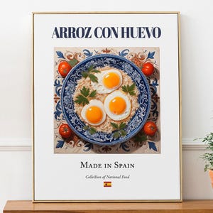 Arroz con Huevo プリント、スペイン料理ポスター、マヨリカタイルプレート、キッチン装飾