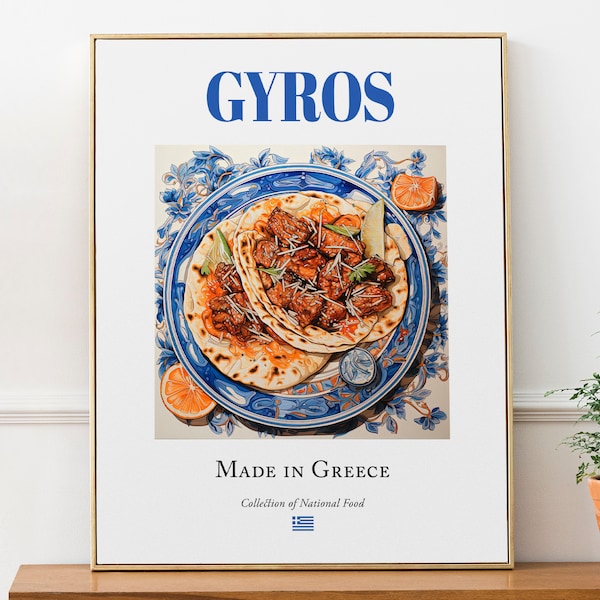 Gyros auf Maiolica-Fliesenplatte, Wand-Kunstdruck, traditionelles griechisches Essen, Küchen- und Cafédekor, Feinschmeckergeschenk