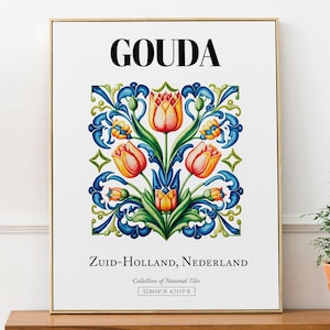 Gouda Netherlands Folk Art Tile Print, Tulip Wall Decor