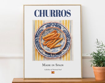 Churros on Maiolica tile plate, Traditional Spanish Food Wall Decor Print Poster Foodie Gift Kitchen Wall Art