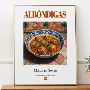 Albóndigas Comida tradicional espanhola, arte de parede de cozinha e café, pôster de almôndegas, presente gastronômico