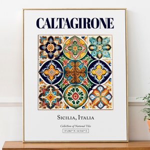 Caltagirone, Sicilia, Italia, Piastrelle in maiolica tradizionale estetica popolare, Poster con stampa artistica da parete, Arte da parete per cucina