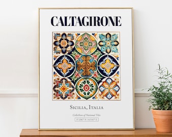 Caltagirone, Sicilia, Italy, Aesthetic Folk Traditional Maiolica Tile, Wall Art Print Poster, Kitchen Wall Art