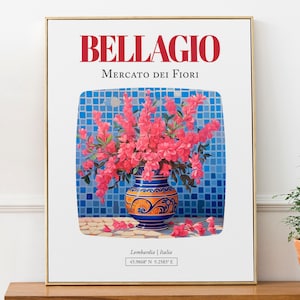 Bellagio (Lombardia, Italia) Mercato dei Fiori, ramo de buganvillas en jarrón de mayólica, póster impreso sobre pared