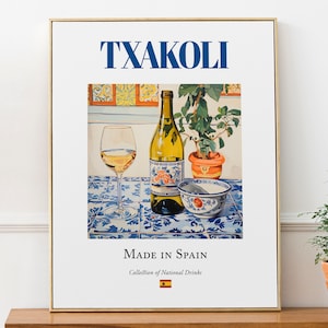 Txakoli on Maiolica Tile, Traditional Basque country Beverage (Drink) Print Poster, Kitchen and Bar Wall Art