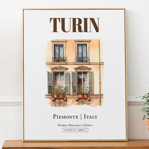 Turin (Piemonte, Italien) Reisedruck Poster, Traditionelle Fenster Aquarell Illustration Wanddekoration, Italien Liebhaber Geschenk