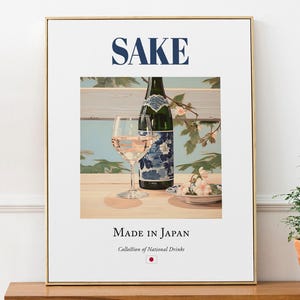 Sake on Maiolica Tile, Traditional Japanese Beverage (Drink) Print Poster, Kitchen and Bar Wall Art