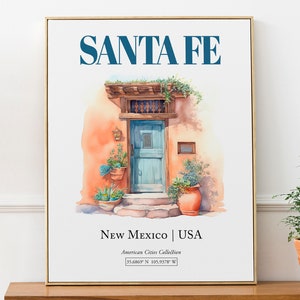 Santa Fé, Novo México, EUA, Porta estética minimalista em aquarela, decoração de arte de parede, pôster impresso, arte de parede de cozinha