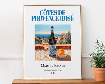 Côtes de Provence Rosé op majolica-tegel, poster print traditionele Franse drank (drank), keuken en bar kunst aan de muur