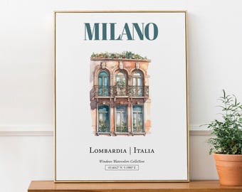 Milano Italy Print, Traditional Watercolor Window, Travel Poster