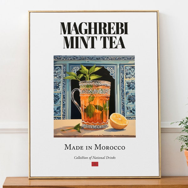 Maghrebubi-Minztee auf Maiolica-Kachel, traditionelles marokkanisches Getränk (Getränk) Druckplakat, Küchen- und Barwandkunst