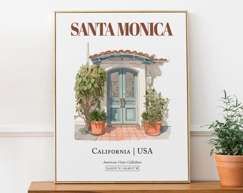 Santa Monica Watercolor Print, Minimalist Entrance Door Wall Art image 1