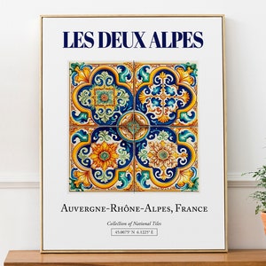 Les Deux Alpes, Auvergne-Rhône-Alpes, France, Aesthetic Minimalistic Traditional Tile, Wall Art Print Poster, Living Room Art