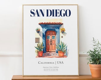 Akwarela z San Diego, minimalistyczna sztuka na drzwiach, kalifornijska dekoracja ścienna