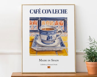 Café con Leche on Maiolica tile, Spanish Traditional Beverage Print Poster, Kitchen and Bar Wall Art