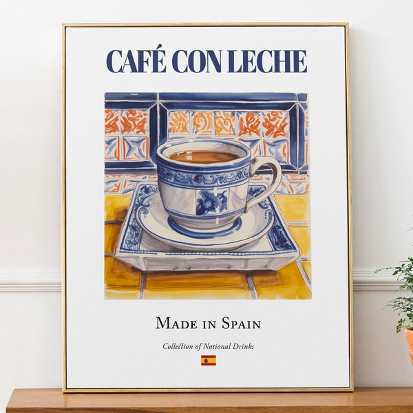 Café con Leche op Maiolica-tegel, Spaanse traditionele drankprintposter, keuken- en barmuurkunst