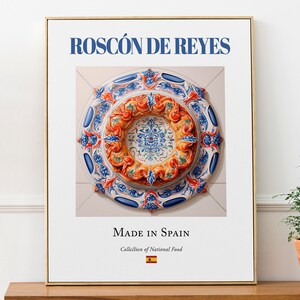 Roscón de Reyes en plato de mayólica, póster de arte mural de comida tradicional española, decoración de cocina y cafetería, regalo para amantes de la comida