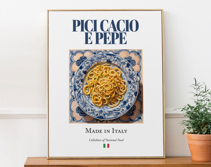 Pici Cacio e Pepe on Maiolica tile plate, Traditional Italian Food Wall Art Print Poster Foodie Gift Cafe Wall Art