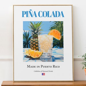 Póster con impresión de piña colada sobre baldosas de mayólica, bebida tradicional de Puerto Rico, arte mural para cocina y bar