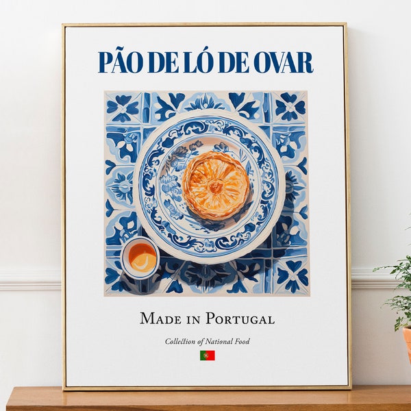Pão de Ló de Ovar on Azulejo tile plate, Traditional Portugal Food Wall Art Print Poster, Kitchen and Café Decor, Food Lover Gift