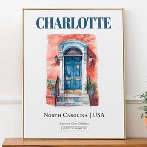 Charlotte, North Carolina, USA, Aesthetic Minimalistic Watercolor Traditional Door, Wall Décor Print Poster, Living Room Wall Decor
