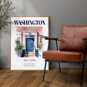 Washington, D.C., USA, Aesthetic Minimalistic Watercolor Entrance Door, Wall Art Print Poster, Living Room Decor image 2