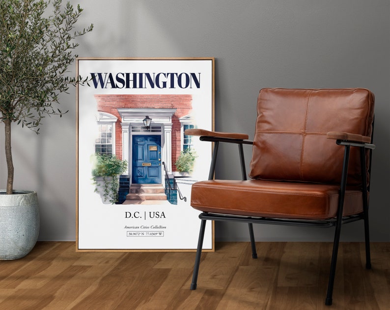 Washington, D.C., USA, Aesthetic Minimalistic Watercolor Entrance Door, Wall Art Print Poster, Living Room Decor image 2