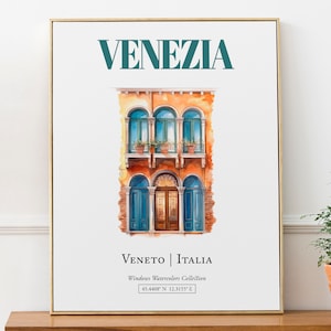 Venezia (Venetien, Italien) Reisedruck Poster, traditionelle Fenster Aquarell Illustration Wandkunst, Italien Liebhaber Geschenk