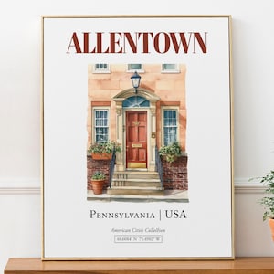 Allentown, Pennsylvania, USA, Aesthetic Minimalistic Watercolor Traditional Door, Wall Décor Print Poster, Kitchen Wall Decor