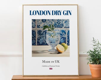 London Dry Gin Print: Maiolica Tile Kitchen Bar Art