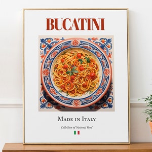 Bucatini su piatto in maiolica, poster con stampa artistica da parete con cibo tradizionale italiano, decorazione per cucina e bar, regalo per buongustai