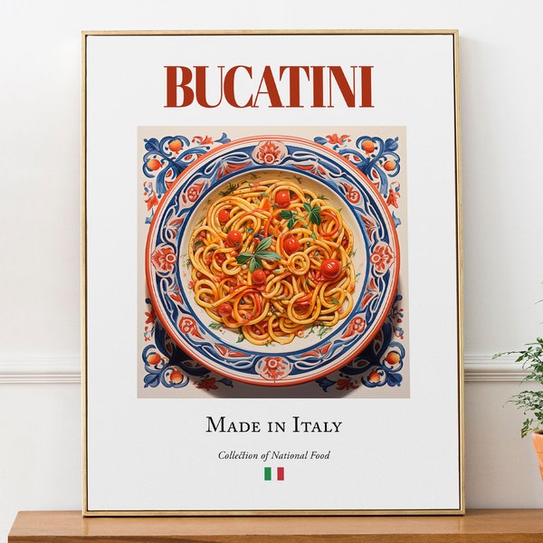 Bucatini on Maiolica tile plate, Traditional Italian Food Wall Art Print Poster, Kitchen and Café Decor, Foodie Gift