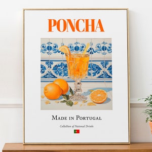 Póster con impresión de bebida tradicional portuguesa, poncha sobre azulejo, arte mural para cocina y bar