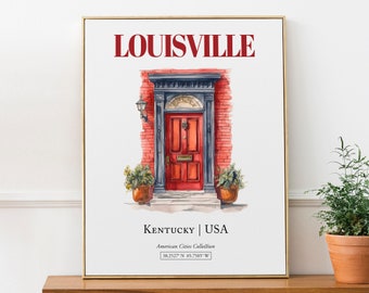 Louisville, Kentucky, EE. UU., Puerta tradicional de acuarela minimalista estética, cartel impreso de arte de pared, arte de pared de cocina