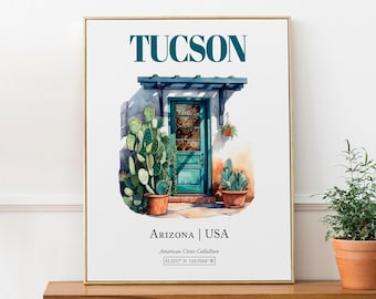 Tucson Arizona Watercolor Door Print, Minimalist Wall Art