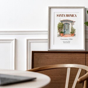 Santa Monica Watercolor Print, Minimalist Entrance Door Wall Art image 3