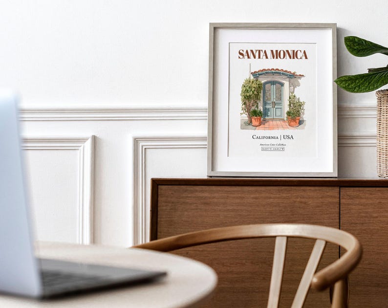 Santa Monica Watercolor Print, Minimalist Entrance Door Wall Art image 3