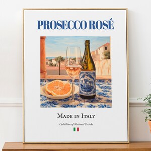 Póster con impresión de Prosecco Rosé sobre baldosas de mayólica, bebida tradicional italiana, arte mural para cocina y bar