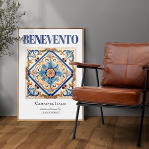 Benevento, Campania, Italy, Aesthetic Folk Traditional Maiolica Tile, Wall Art Décor Print Poster, Living Room Decor image 2